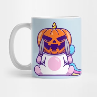 Cute Unicorn Wearing Halloween Pumpkin Mask With Knife Mug